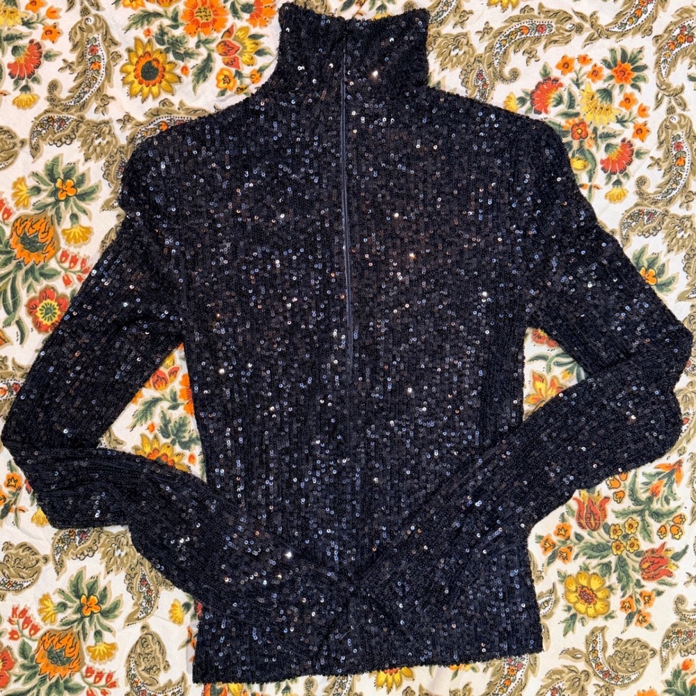 Cara‎ Cara Black Sequin Turtleneck Long Sleeve Zipper Back Top Whimsygoth XS - Picture 7 of 8